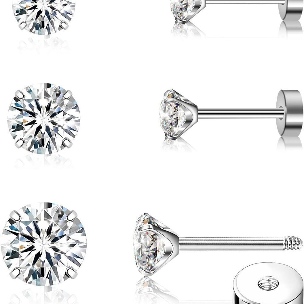 Flat Back Earrings Titanium CZ Stud 3 Pair Hypoallergenic Cartilage Jewelry